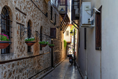 ANTALYA, TURKEY - JULY 08, 2018: View of the ancient narrow streets of Kaleici. It is popular old historical quarter in Antalya.のeditorial素材