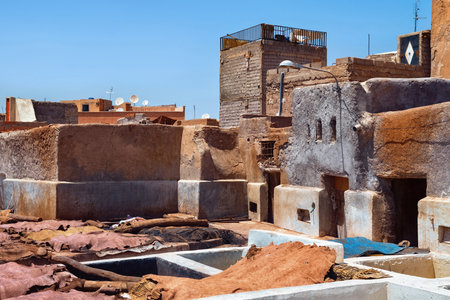 Old concrete vats for a dye in the Marrakesh tannery. Morocco.の写真素材