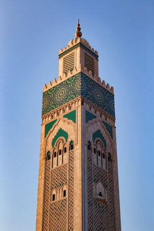 View of the minaret details of the Hassan II Mosque in Casablanca. It is the largest mosque in Morocco and the one of the largest in the world.の写真素材