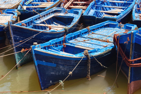 Famous fishing wooden blue boats of the Essaouira. Morocco.の写真素材