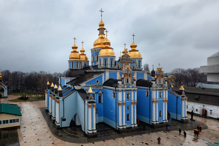 View of the St. Michael Golden-Domed Monastery. Kyiv, Ukraine. Built in the Middle Ages. The exterior was rebuilt in the Ukrainian Baroque in the 18th century while the interior remained Byzantine styleのeditorial素材
