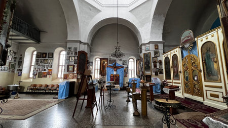 KUTAISI, GEORGIA - JUNE 22, 2023: Interior of the historic Mtsvanekvavila Georgian Orthodox Church in Kutaisi.のeditorial素材