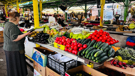 KUTAISI, GEORGIA - JUNE 21, 2023: Fresh vegetables on the Green market in Kutaisi center.のeditorial素材