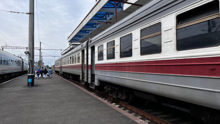 BATUMI, GEORGIA - JUNE 23, 2023: Arrival of the train from Kutaisi to Batumi at the central railway station.のeditorial素材