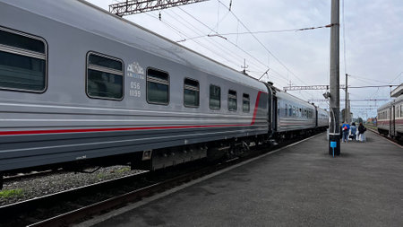 BATUMI, GEORGIA - JUNE 23, 2023: View of the train Batumi-Yerevan at the central railway station of Batumi.のeditorial素材