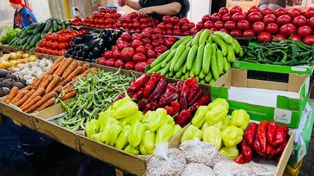 KUTAISI, GEORGIA - JUNE 21, 2023: Fresh vegetables on the Green market in Kutaisi center.のeditorial素材