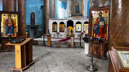 KUTAISI, GEORGIA - JUNE 22, 2023: Interior of the historic Kutaisi Cathedral of the Annunciation church. Former catholic temple, now orthodox.のeditorial素材