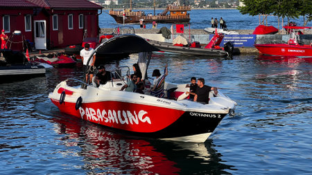 BATUMI, GEORGIA - JUNE 25, 2023: View of the motorboats in Batumi marina in city center resort on the Black sea.のeditorial素材