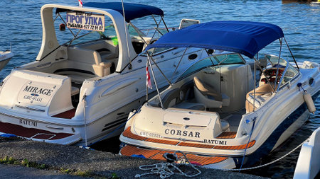 BATUMI, GEORGIA - JUNE 25, 2023: View of the motorboats in Batumi marina in city center resort on the Black sea.のeditorial素材
