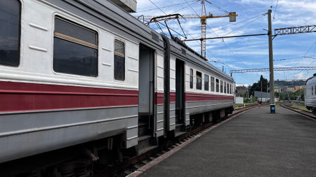 BATUMI, GEORGIA - JUNE 23, 2023: Arrival of the train from Kutaisi to Batumi at the central railway station.のeditorial素材