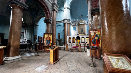 KUTAISI, GEORGIA - JUNE 22, 2023: Interior of the historic Kutaisi Cathedral of the Annunciation church. Former catholic temple, now orthodox.のeditorial素材