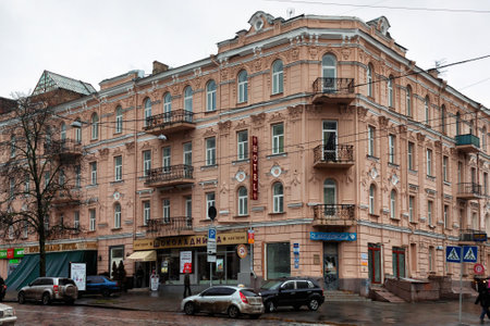 KYIV, UKRAINE - JANUARY 06, 2014: View of the historical buildings in the center of the Kyiv in rainy winter day.のeditorial素材