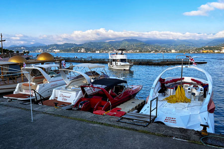 BATUMI, GEORGIA - JUNE 25, 2023: View of the Batumi marina in city center resort on the Black sea.のeditorial素材