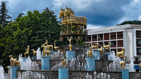 KUTAISI, GEORGIA - JUNE 21, 2023: View of the famous Colchis Fountain in the center of Kutaisi.のeditorial素材