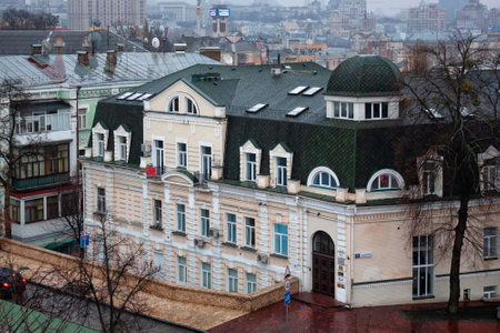 KYIV, UKRAINE - JANUARY 06, 2014: View of the historical buildings in the center of the Kyiv in rainy winter day.のeditorial素材