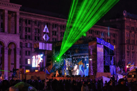 KYIV, UKRAINE - JANUARY 06, 2014: Night view of the music performance in the Euromaidan camp in center of Kyiv.のeditorial素材