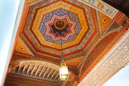 MARRAKESH, MOROCCO - JUNE 05, 2017: Decorated ceiling in the Bahia Palace. Is a late 19th century palace in Marrakesh. Today it is a well-known historic monument and tourist attraction in the cityのeditorial素材