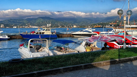 BATUMI, GEORGIA - JUNE 25, 2023: View of the Batumi marina in city center resort on the Black sea.のeditorial素材