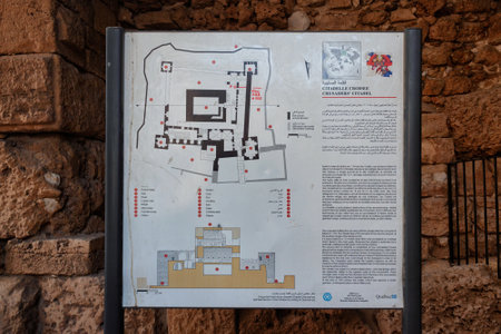 BYBLOS, LEBANON - AUGUST 15, 2014: Stand with information about the ancient ruins of the crusader castle of Byblos.のeditorial素材