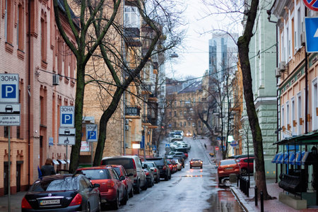 KYIV, UKRAINE - JANUARY 06, 2014: View of the historical streets in the center of the Kyiv in rainy winter day.のeditorial素材
