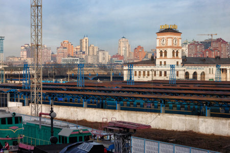 KYIV, UKRAINE - JANUARY 07, 2014: View of the Suburban train station building and railways tracks.のeditorial素材