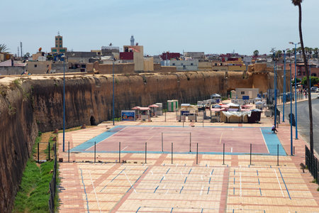 EL JADIDA, MOROCCO - JUNE 13, 2017: View of the modern sport playground near the Portuguese fortress of El Jadida (Mazagan).のeditorial素材