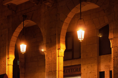 BEIRUT, LEBANON - AUGUST 14, 2014: Night view of the historical buildings walls in the center of Beirut (Centre Ville or Beirut Central District (BCD).のeditorial素材