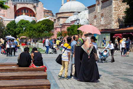 ISTANBUL, TURKEY - JULY 06, 2018: View of the square near Hagia Sophia Grand Mosque (Greek Orthodox church from 360 AD - 1453. Then it was a mosque, and since 1935 - museum. From 2020 again a mosque).のeditorial素材