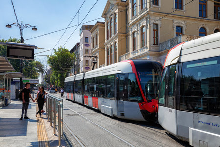 ISTANBUL, TURKEY - JULY 06, 2018: View of the Alstom Citadis 204 tram in the center of the Istanbul. The Alstom Citadis is a family of low-floor trams (streetcars) and light rail vehicles built by Alstom.のeditorial素材