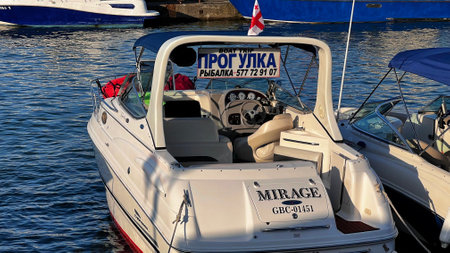 BATUMI, GEORGIA - JUNE 25, 2023: View of the motorboats in Batumi marina in city center resort on the Black sea.のeditorial素材