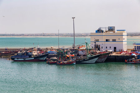 EL JADIDA, MOROCCO - JUNE 13, 2017: View of the fishing boats in El Jadida (Mazagan). This town is a major port city on the Atlantic coast of Morocco. africa.のeditorial素材