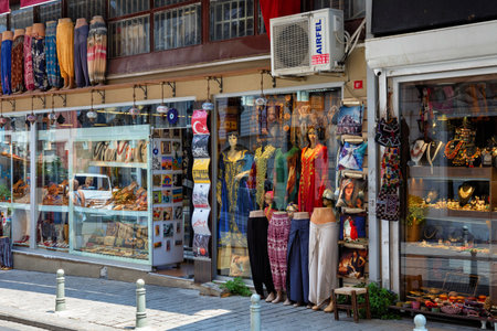 ISTANBUL, TURKEY - JULY 06, 2018: Showcase of one of the shops with national clothes and souvenirs in the center of the Istanbul.のeditorial素材
