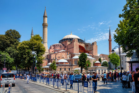 ISTANBUL, TURKEY - JULY 05, 2018: View of the Hagia Sophia (Holy Hagia Sophia Grand Mosque). In 1935, the secular Republic of Turkey established it as a museum. In 2020, it re-opened as a mosque.のeditorial素材