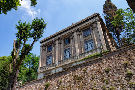 ISTANBUL, TURKEY - JULY 06, 2018: View of the side facade of the Istanbul Archeology Museums. It is located in the Eminonu quarter of Istanbul, near Gulhane Park and TopkapÄ± Palace.のeditorial素材