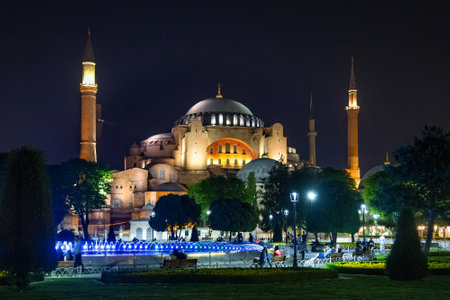 ISTANBUL, TURKEY - JULY 05, 2018: Night view of the Hagia Sophia (Holy Hagia Sophia Grand Mosque). In 1935, the secular Republic of Turkey established it as a museum. In 2020, it re-opened as a mosqueのeditorial素材