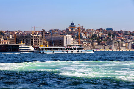 ISTANBUL, TURKEY - JULY 05, 2018: View of the Istanbul landscape with the cruise vessels on the Golden Horn bay.のeditorial素材