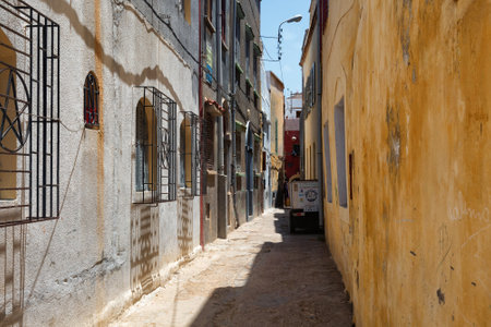 EL JADIDA, MOROCCO - JUNE 13, 2017: View of the old shabby buildings of El Jadida (Mazagan). This town is a major port city on the Atlantic coast of Morocco. africa.のeditorial素材