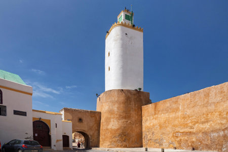 EL JADIDA, MOROCCO - JUNE 13, 2017: View of the historic Grande Mosque de Mazagan of El Jadida. This town is a major port city on the Atlantic coast of Morocco. africa.のeditorial素材