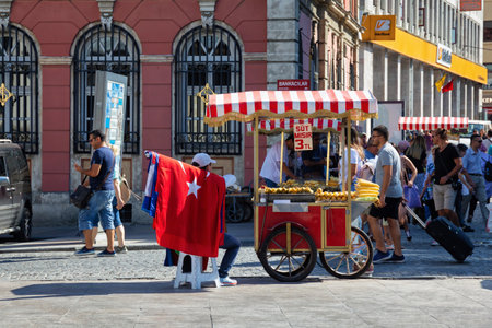 ISTANBUL, TURKEY - JULY 06, 2018: Street cart with boiled sweet corn in the historical center of the Istanbul.のeditorial素材