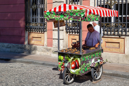 ISTANBUL, TURKEY - JULY 06, 2018: Street cart with roasted chestnuts in the historical center of the Istanbul.のeditorial素材