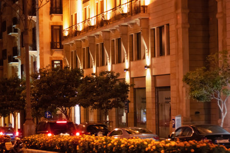 BEIRUT, LEBANON - AUGUST 14, 2014: Night view of the historical streets in the center of Beirut (Centre Ville or Beirut Central District (BCD).のeditorial素材