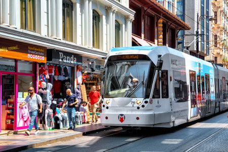 ISTANBUL, TURKEY - JULY 05, 2018: View of the modern Bombardier Flexity Swift A32 tram in the center of the Istanbul.のeditorial素材