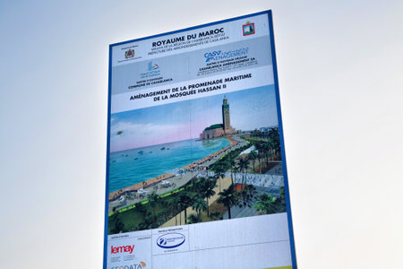 CASABLANCA, MOROCCO - JUNE 14, 2017: Street stand with information about Hassan II Mosque maritime promenade.のeditorial素材