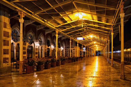 ISTANBUL, TURKEY - JULY 05, 2018: Night view of the Sirkeci railway station platform. Built in 1890 by the Oriental Railway as the eastern terminus of the world-famous Orient Express.のeditorial素材