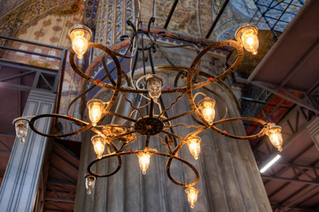 ISTANBUL, TURKEY - JULY 06, 2018: Old chandelier in the Blue Mosque (also known as the Sultan Ahmed Mosque). Is an Ottoman-era historical imperial mosque (was constructed between 1609 and 1616).のeditorial素材