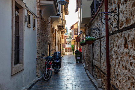 ANTALYA, TURKEY - JULY 08, 2018: View of the ancient narrow streets of Kaleici. It is popular old historical quarter in Antalya.のeditorial素材