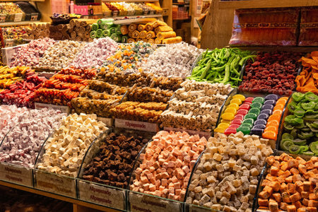 ISTANBUL, TURKEY - JULY 05, 2018: Sweets on the shelves in Spice Bazaar (Egyptian Bazaar) in Istanbul. Is one of the largest bazaars in the city. Located in the Eminonu quarter of the Fatih district.のeditorial素材