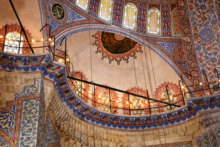 ISTANBUL, TURKEY - JULY 06, 2018: View of the ceiling of the Blue Mosque (also known as the Sultan Ahmed Mosque). Is an Ottoman-era historical imperial mosque (was constructed between 1609 and 1616).のeditorial素材
