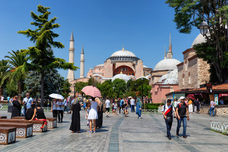 ISTANBUL, TURKEY - JULY 06, 2018: View of the Hagia Sophia Grand Mosque. Was a Greek Orthodox church from 360 AD untill 1453. Then it was a mosque, and since 1935 - a museum. From 2020 again a mosque.のeditorial素材