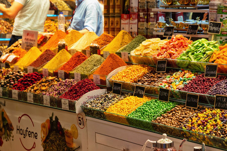 ISTANBUL, TURKEY - JULY 05, 2018: Spices on the shelves in Spice Bazaar (Egyptian Bazaar) in Istanbul. Is one of the largest bazaars in the city. Located in the Eminonu quarter of the Fatih district.のeditorial素材